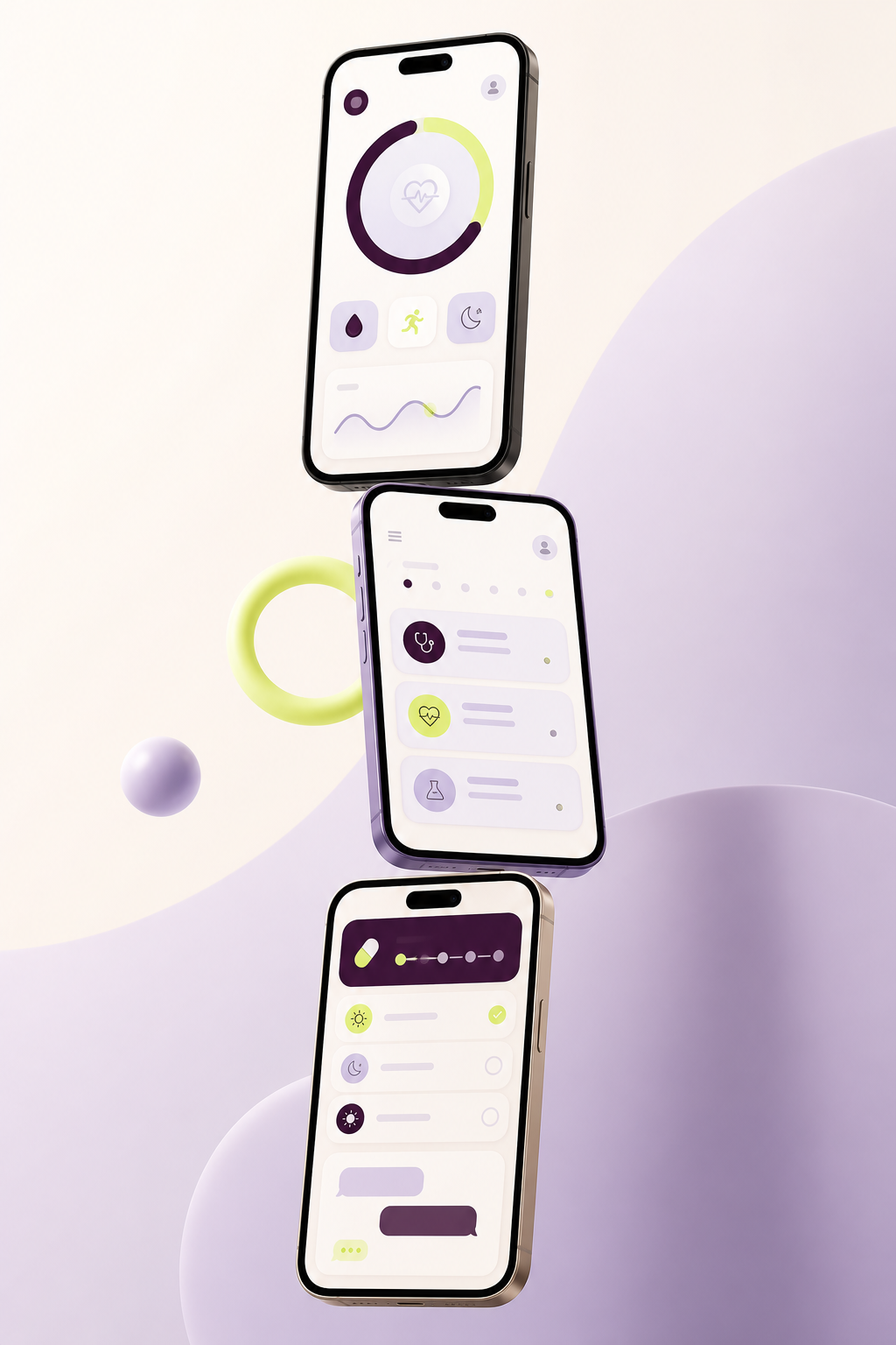 Illustrative preview of Trimia App screens for routines, care details, and messages.